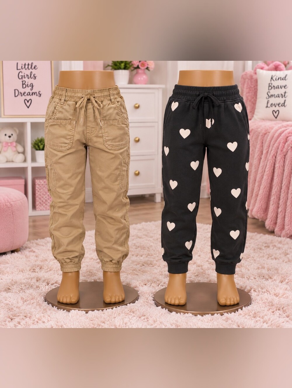 Kids Neutral Cargo Joggers and Black Heart Print Joggers